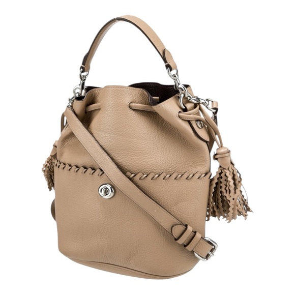 Coach Lora Bucket Bag Leather Tan Whipstitch Tassel Crossbody - Picture 3 of 5